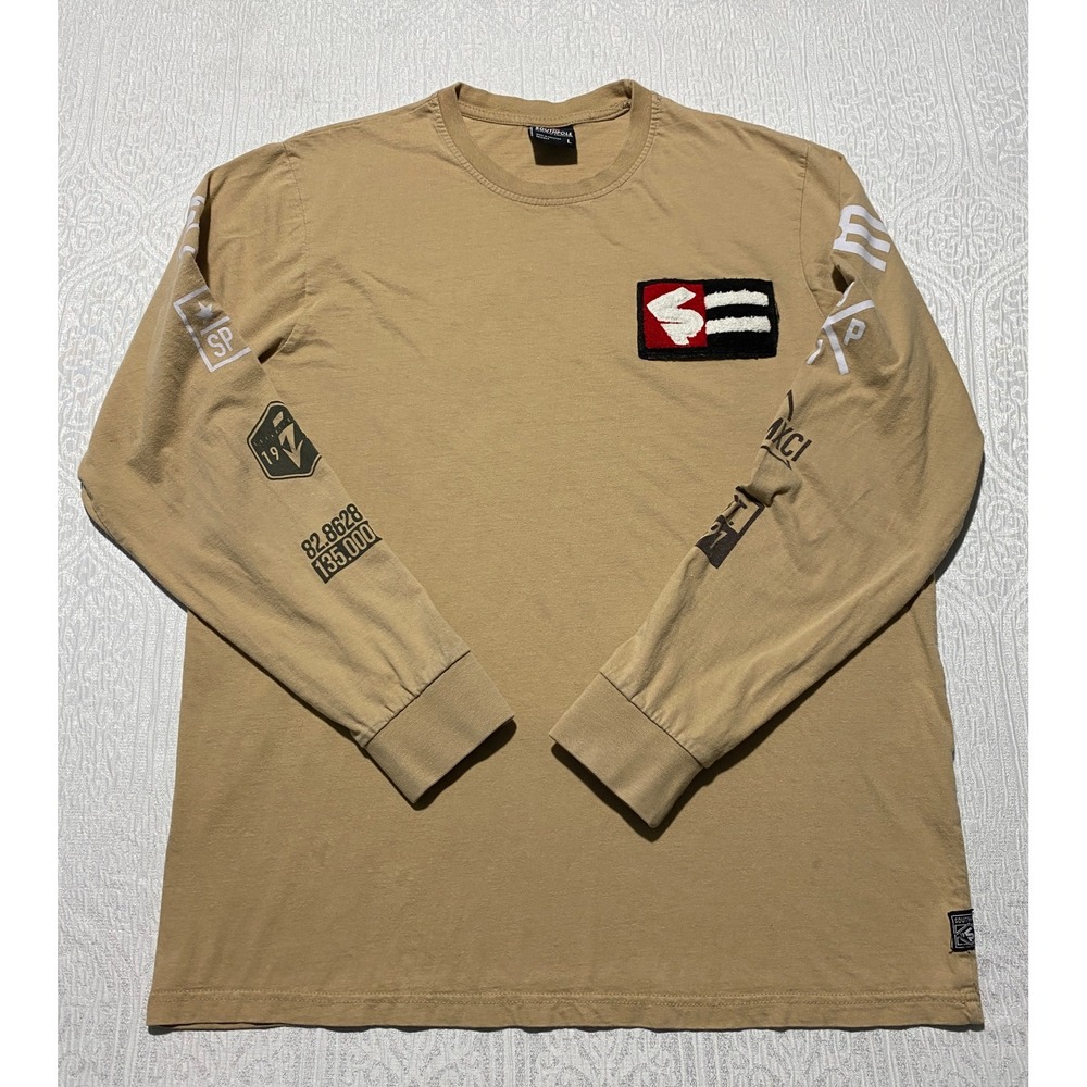 Southpole Long Sleeve Shirt Mens L Tan Graphic Hip Hop Y2K Patch Logo Streetwear